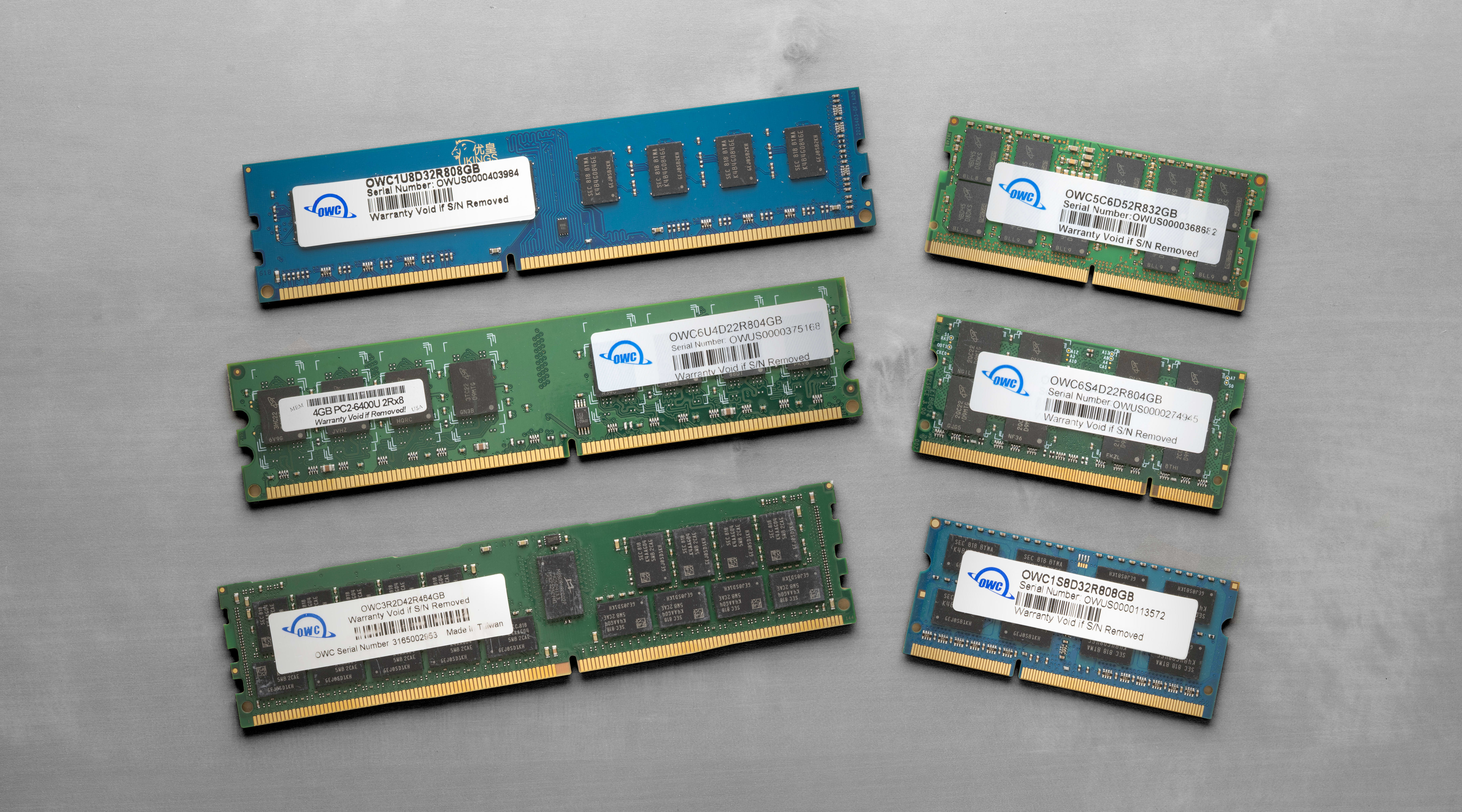 RAM modules of various sizes and colors on desktop