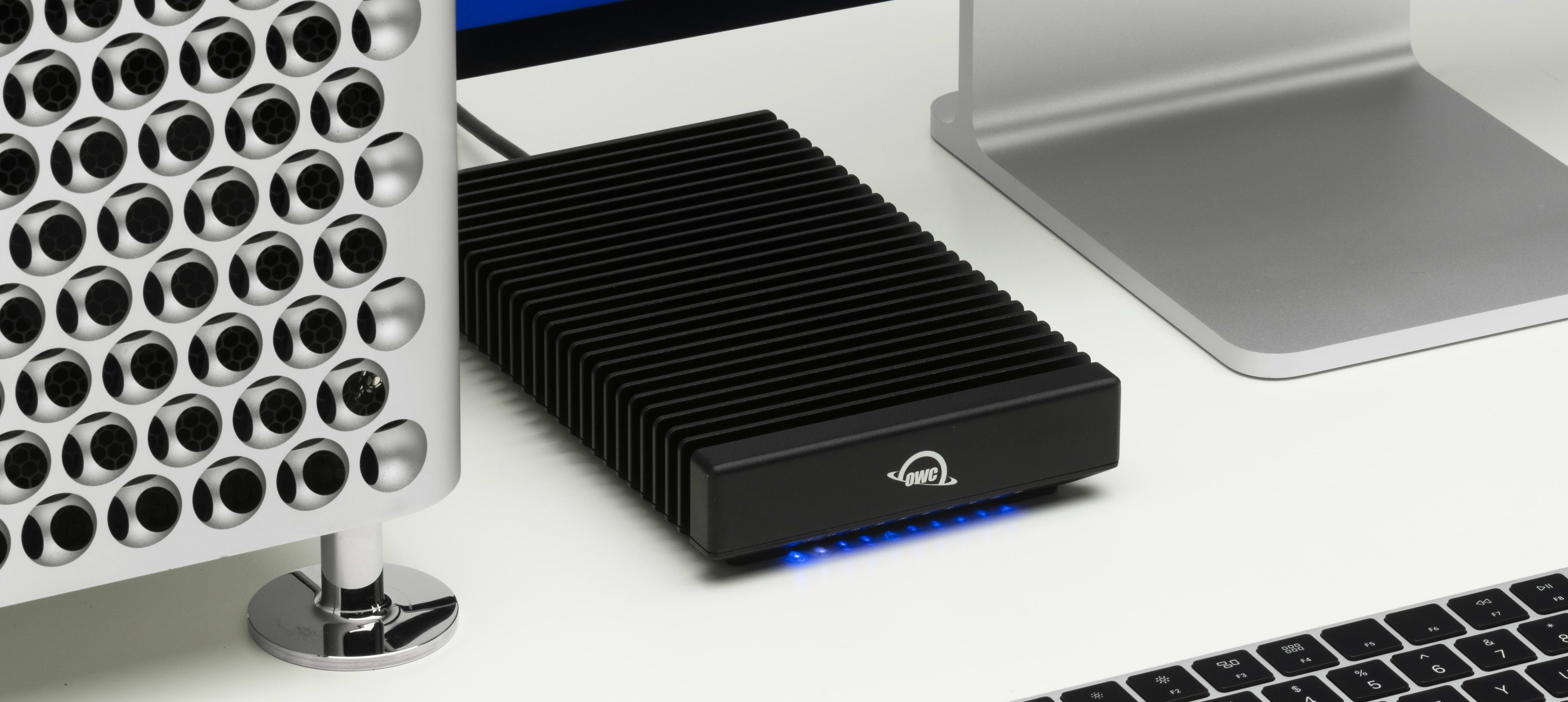 OWC ThunderBlade X8 on desktop with Mac Pro