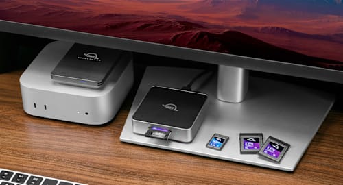 OWC Atlas USB4 CFexpress 4.0 Card Reader on desktop with Mac Studio and Type A to B adapter