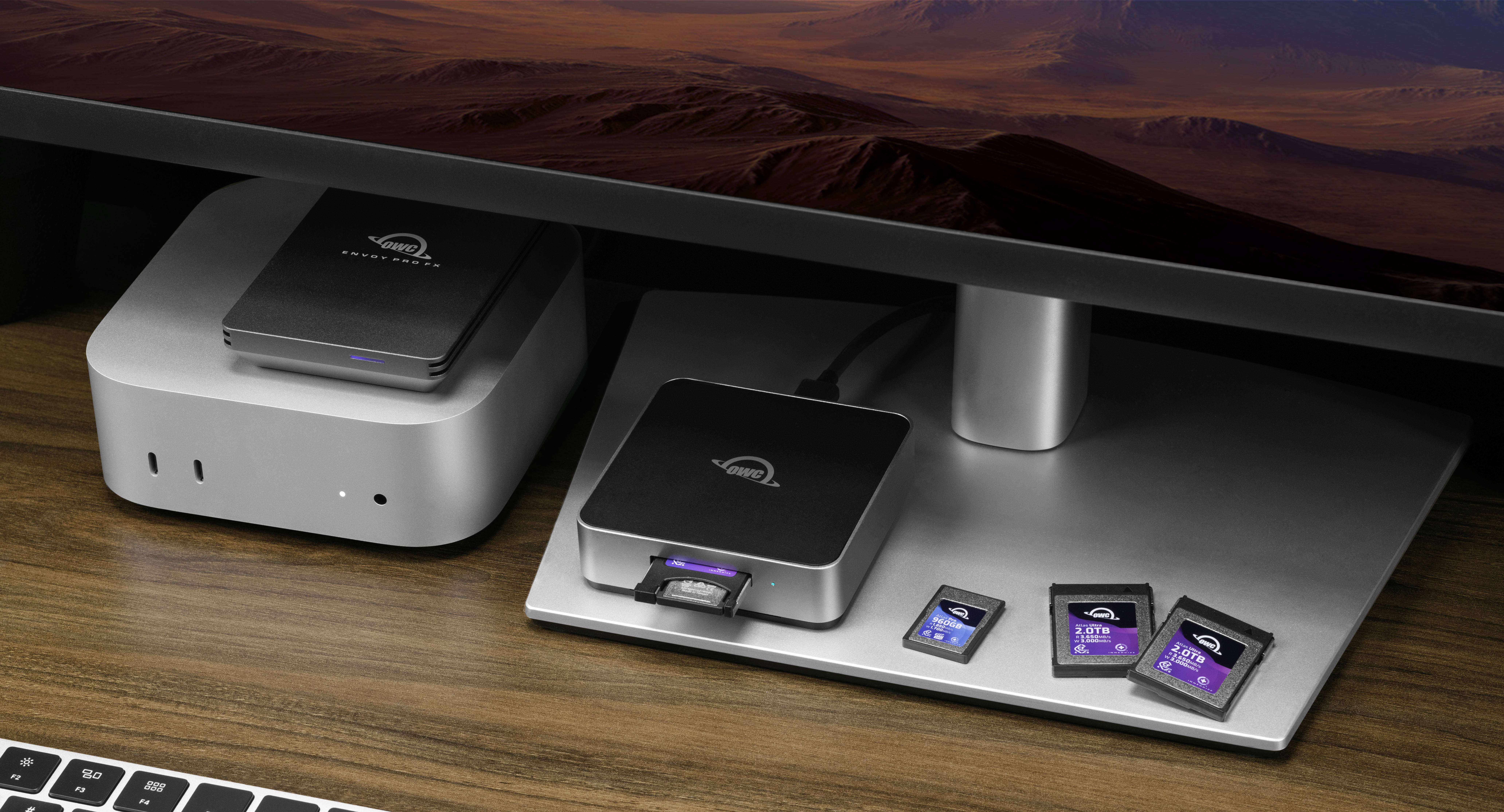 OWC Atlas USB4 CFexpress 4.0 Card Reader on desktop with Mac Studio and Type A to B adapter