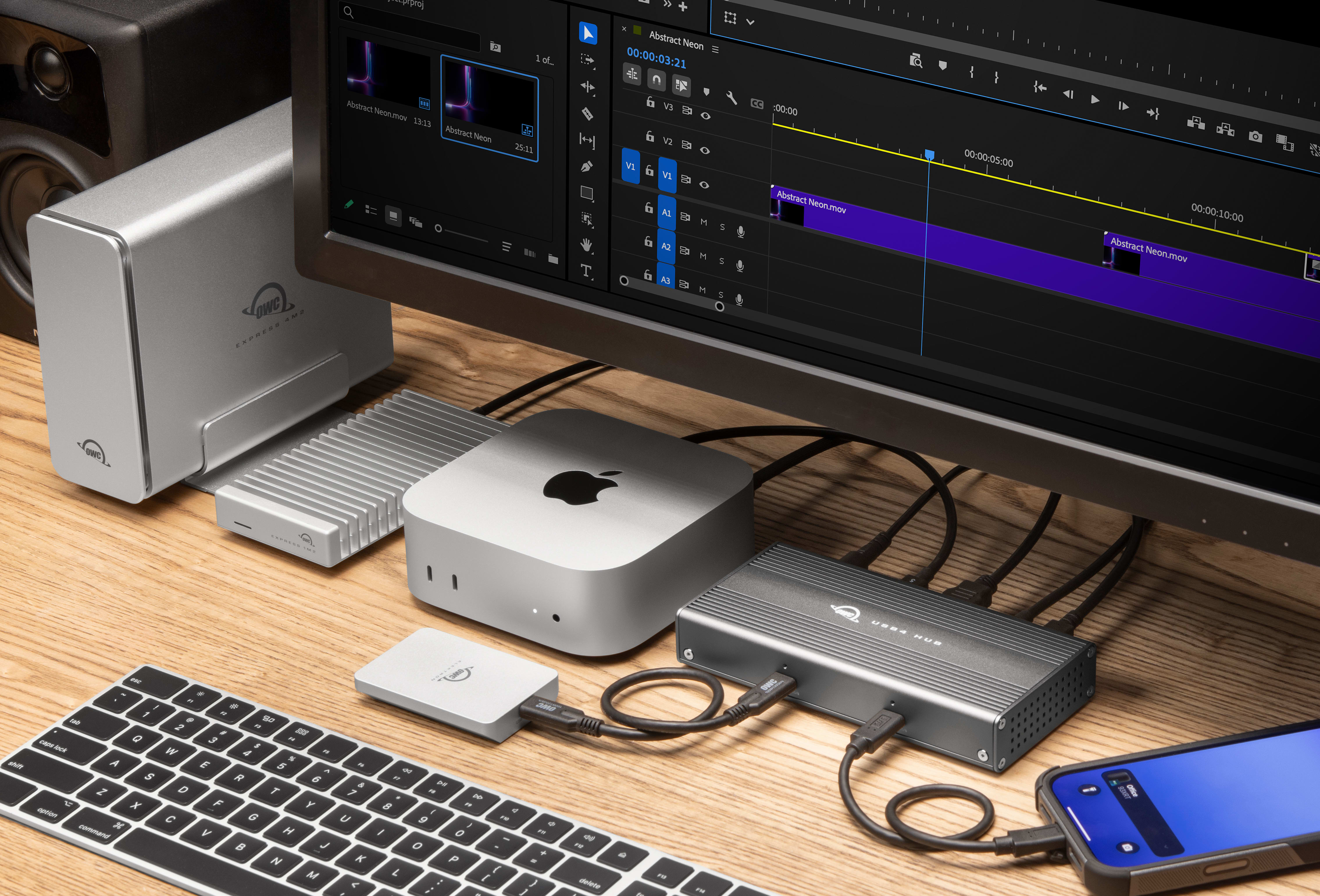 OWC Thunderbolt 5 Dock with Dual HDMI connected to a desktop workstation