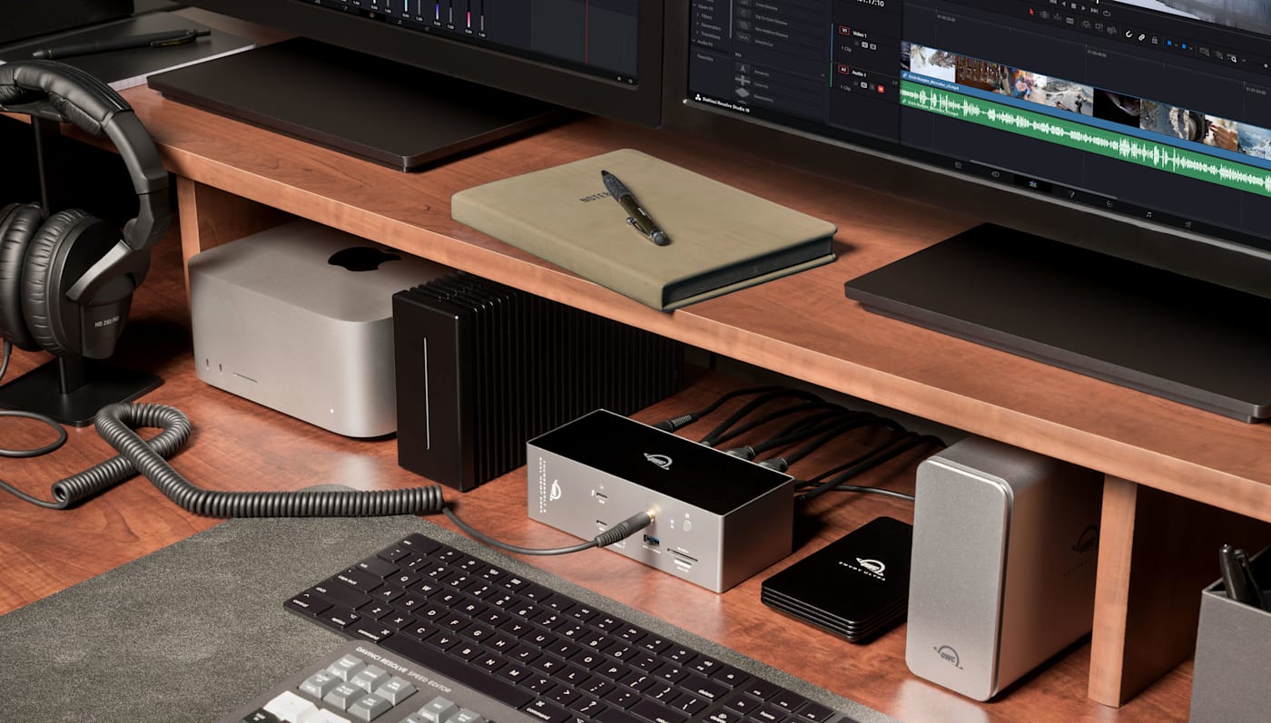 OWC Thunderbolt 5 Dock with Dual HDMI connected to a desktop workstation