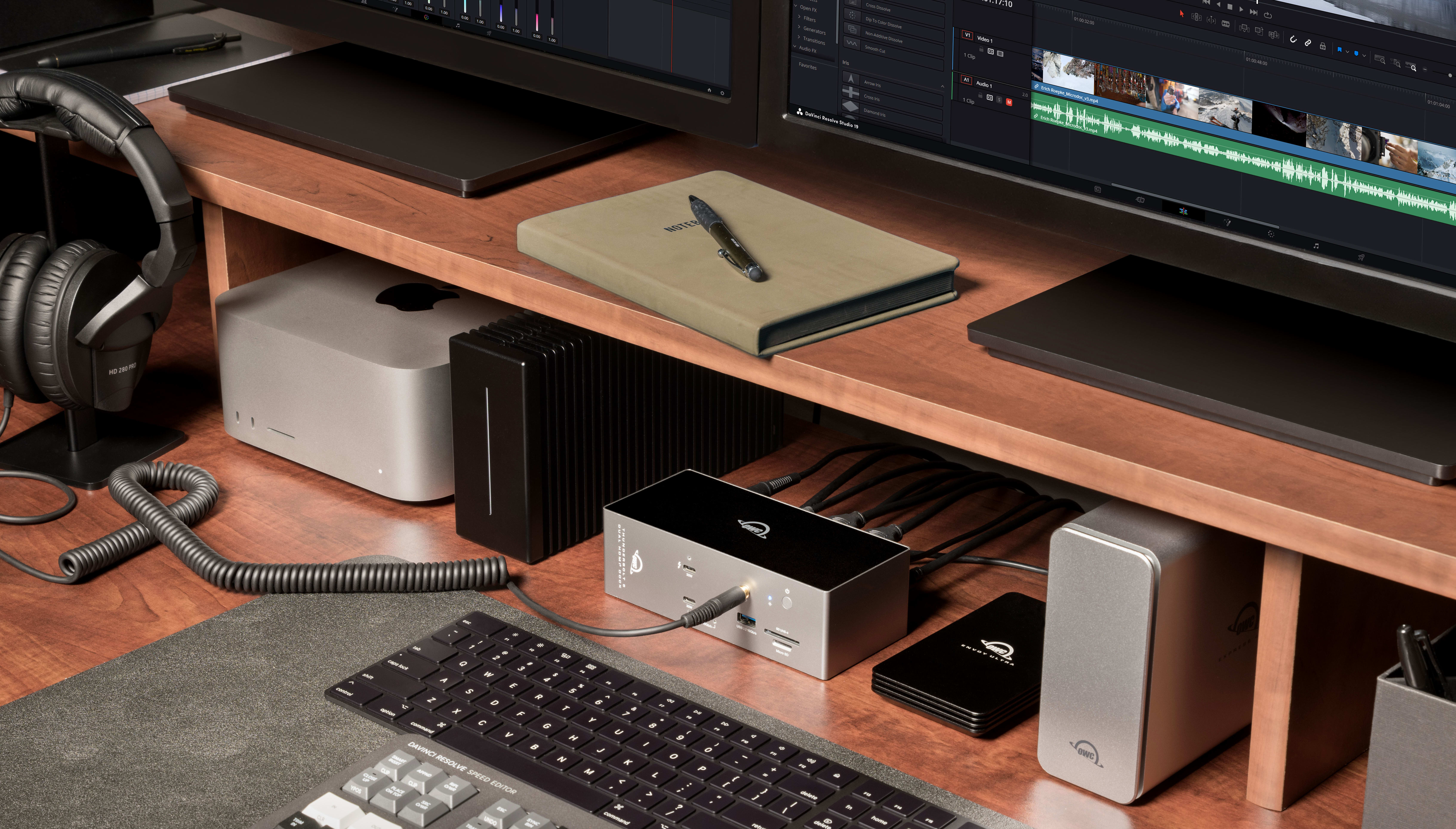 OWC Thunderbolt 5 Dock with Dual HDMI connected to a desktop workstation
