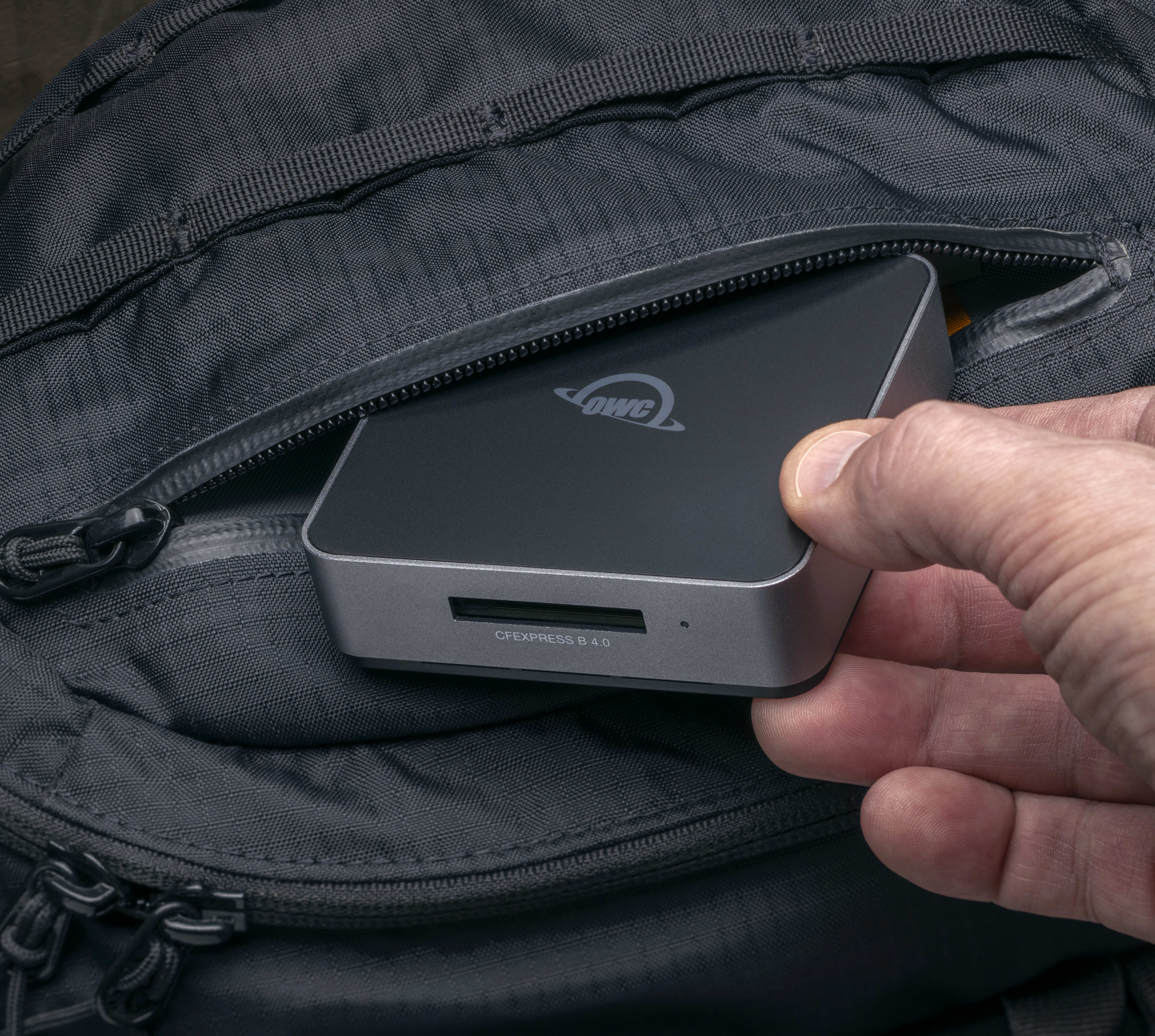 OWC Atlas USB4 CFexpress Card Reader in backpack pocket