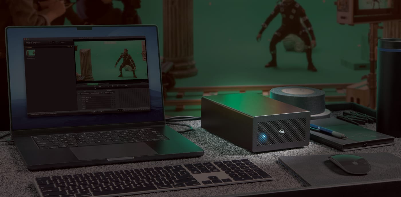 OWC Helios 5S on desktop in video production studio