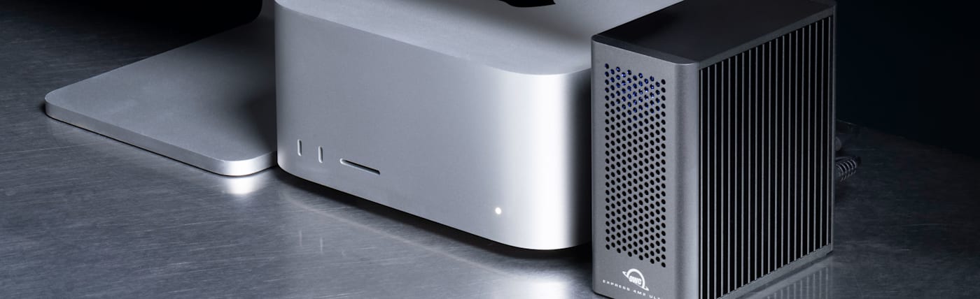 OWC Express 4M2 Ultra on desktop next to Mac Studio