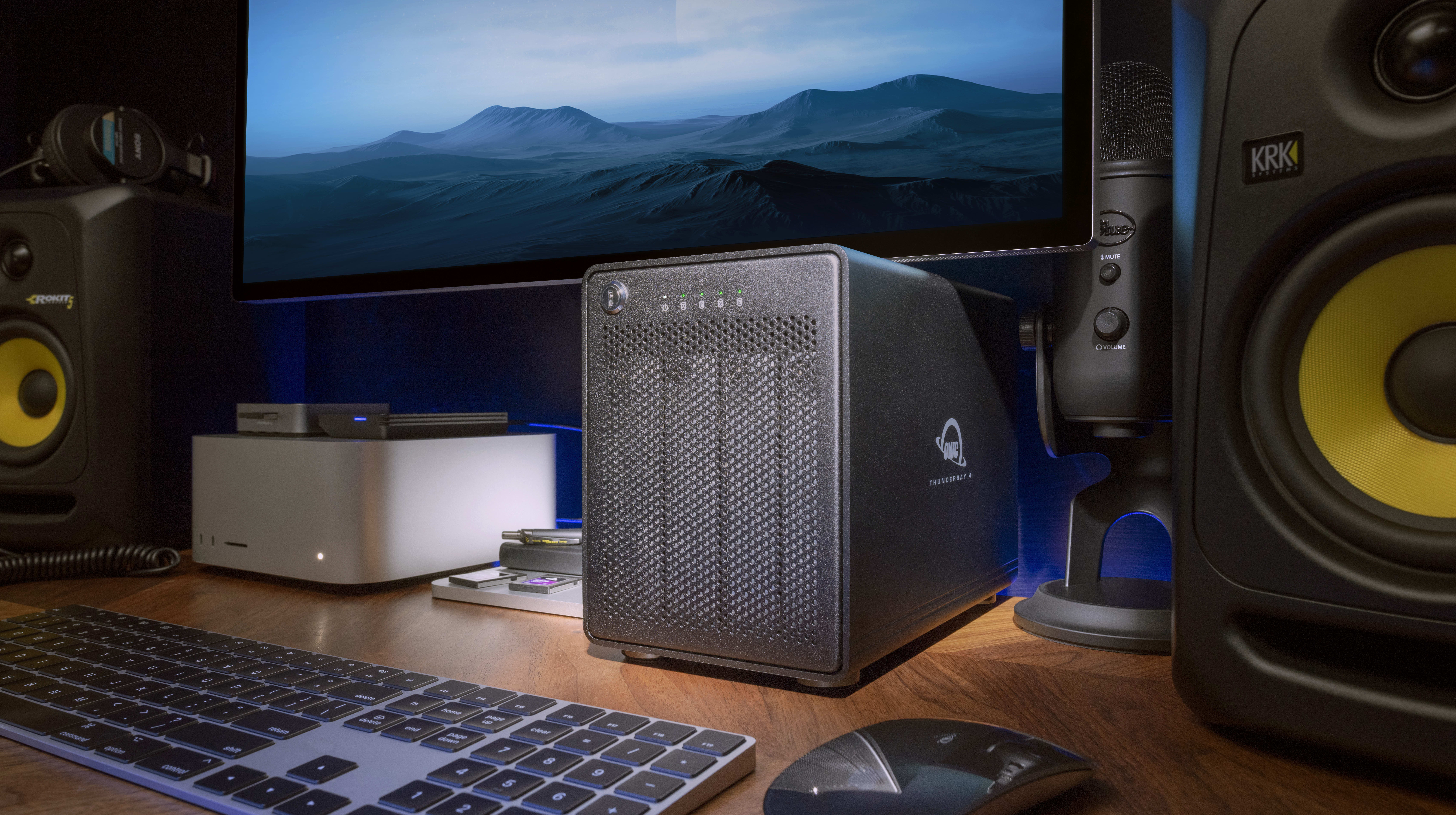 OWC ThunderBay 4 on desktop with audio gear