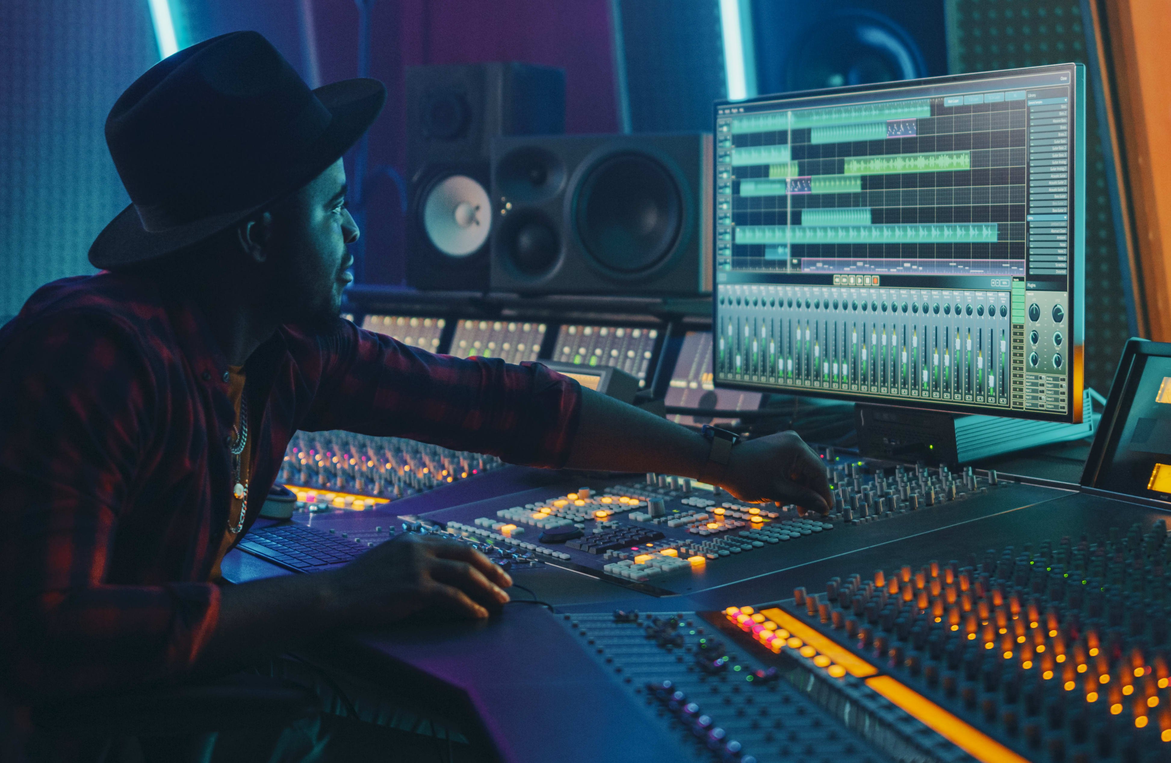 A sound producer at work surrounded by their equipment