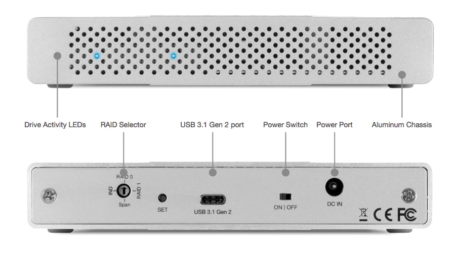 OWC Mercury Elite Pro Dual mini front view and rear view