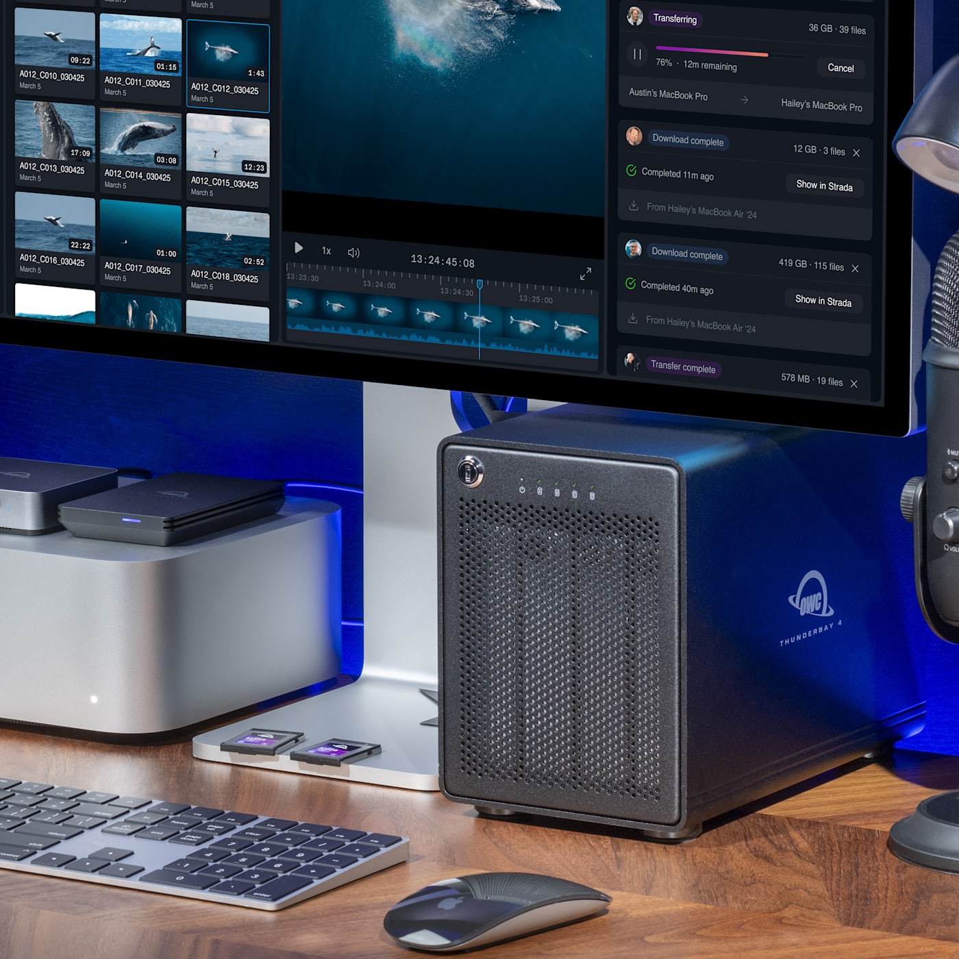 OWC ThunderBay 4 on desktop with Mac mini and Apple display