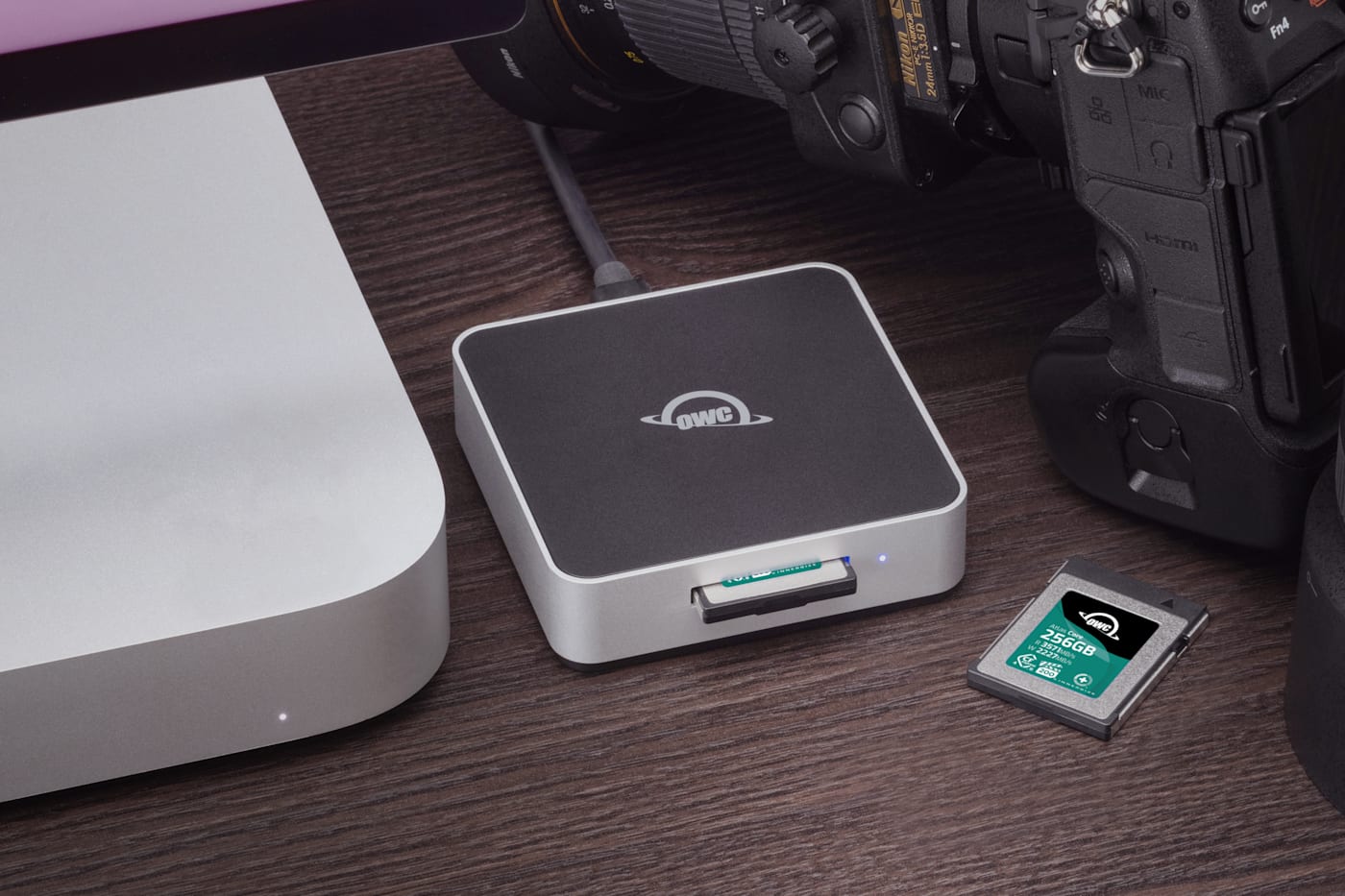 OWC Atlas Core CFexpress Memory Cards on desktop with camera and Mac mini