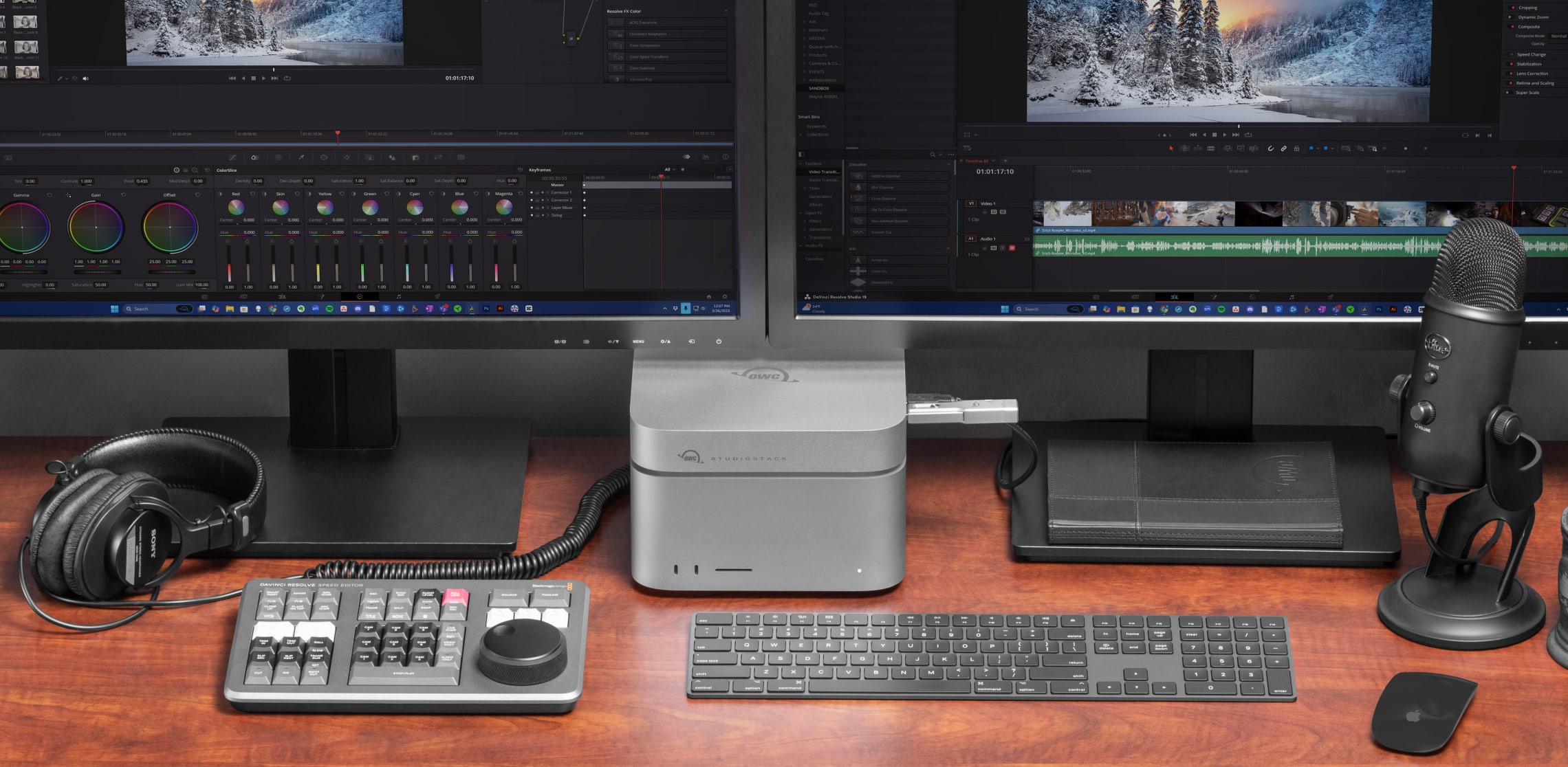 OWC StudioStack on desktop stacked on a Mac Studio with dual displays and audio gear