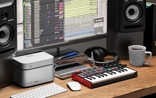 OWC StudioStack stacked on top of a Mac Studio on desktop