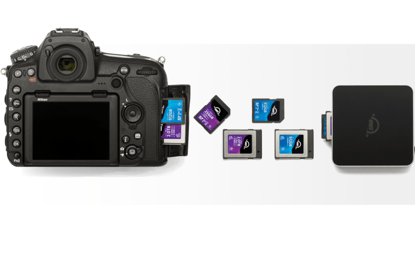 OWC Atlas Dual CFexpress + SD Card Reader with camera, memory cards, and laptop