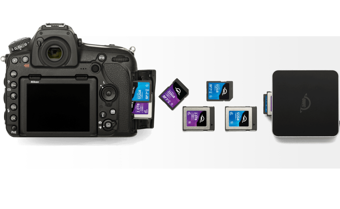 OWC Atlas Dual CFexpress + SD Card Reader with camera, memory cards, and laptop