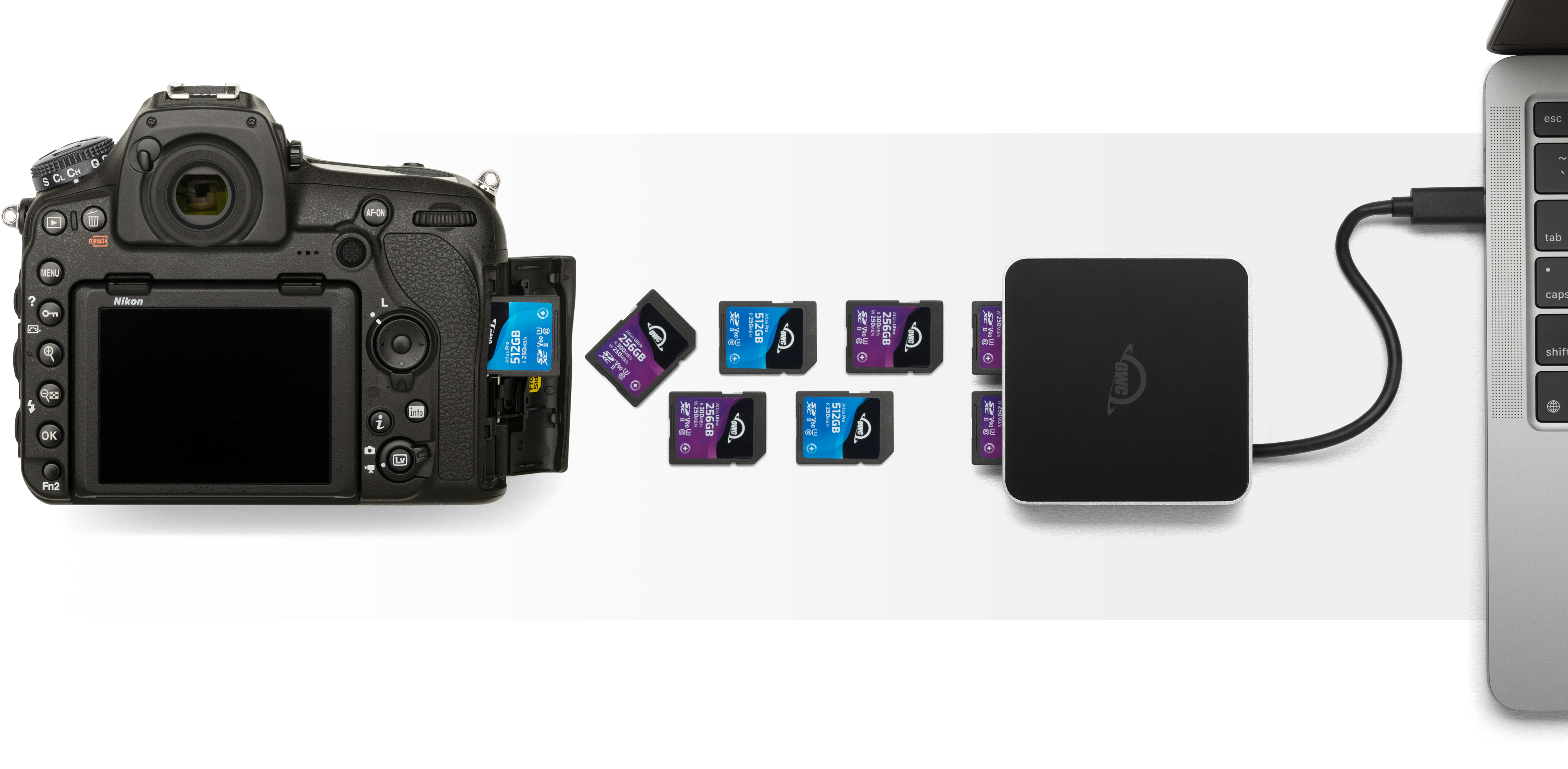 OWC Atlas Dual SD Card Reader with camera, memory cards, and laptop