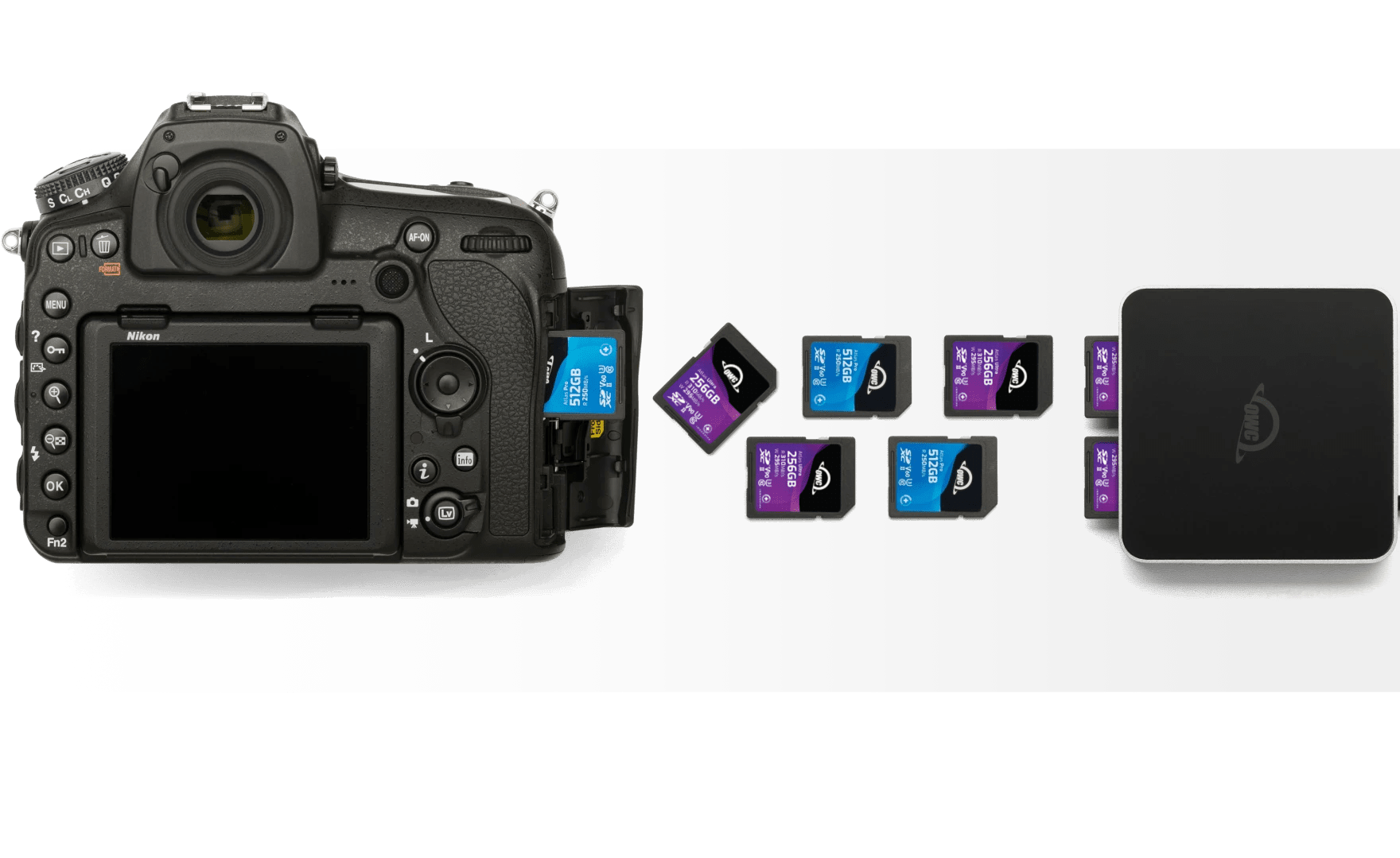OWC Atlas Dual SD Card Reader with camera, memory cards, and laptop