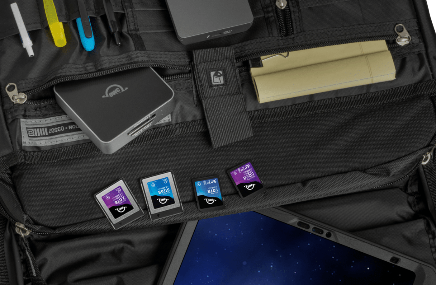OWC Atlas Dual CFexpress + SD Card Reader in messenger bag