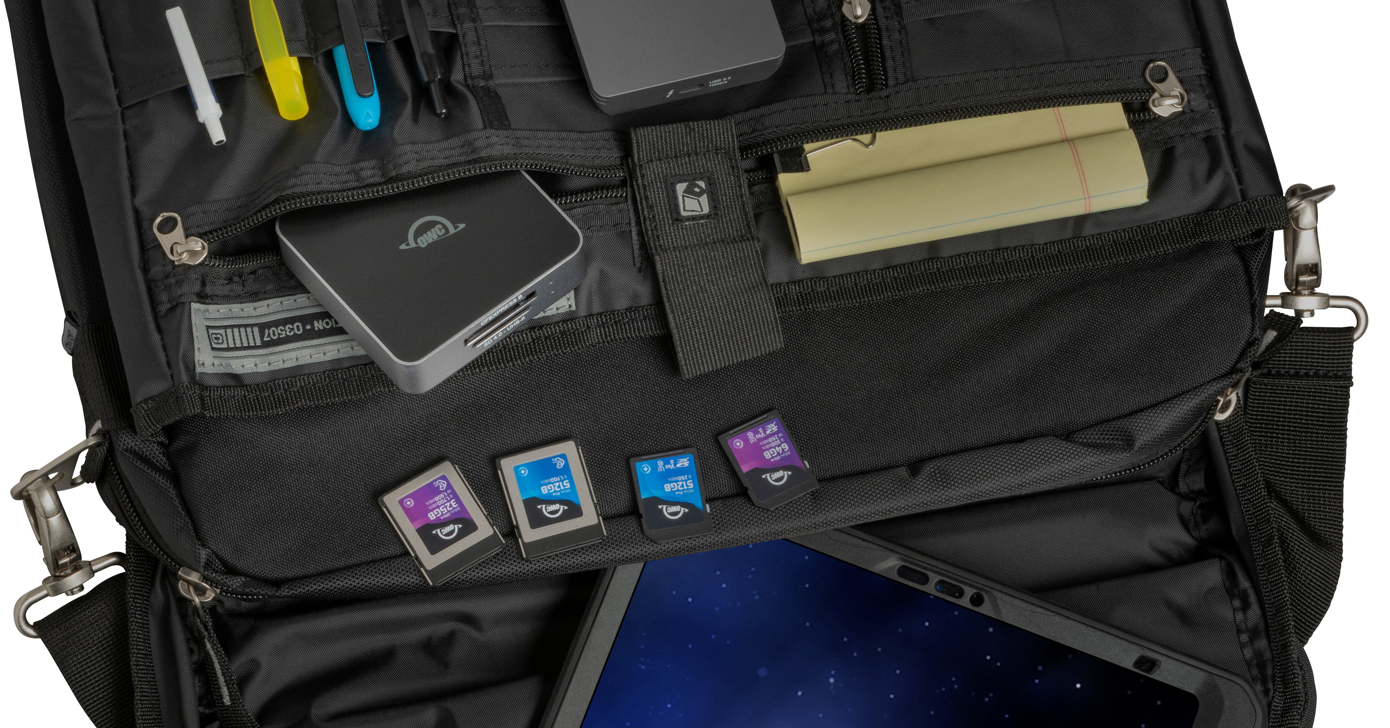 OWC Atlas Dual CFexpress + SD Card Reader in messenger bag