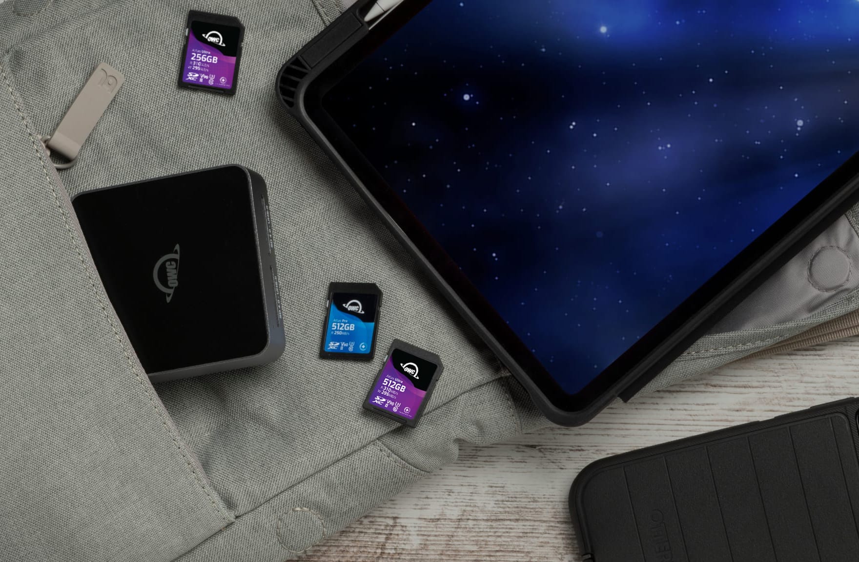 OWC Atlas Dual SD Card Reader in messenger bag