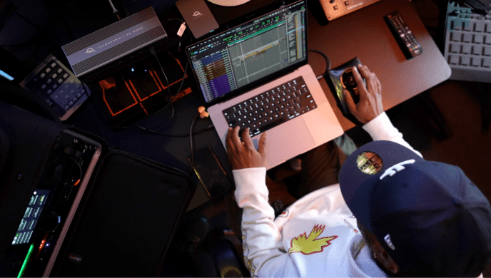 Photo of Adrian Porter, Grammy-winning audio engineer and producer, at his workstation