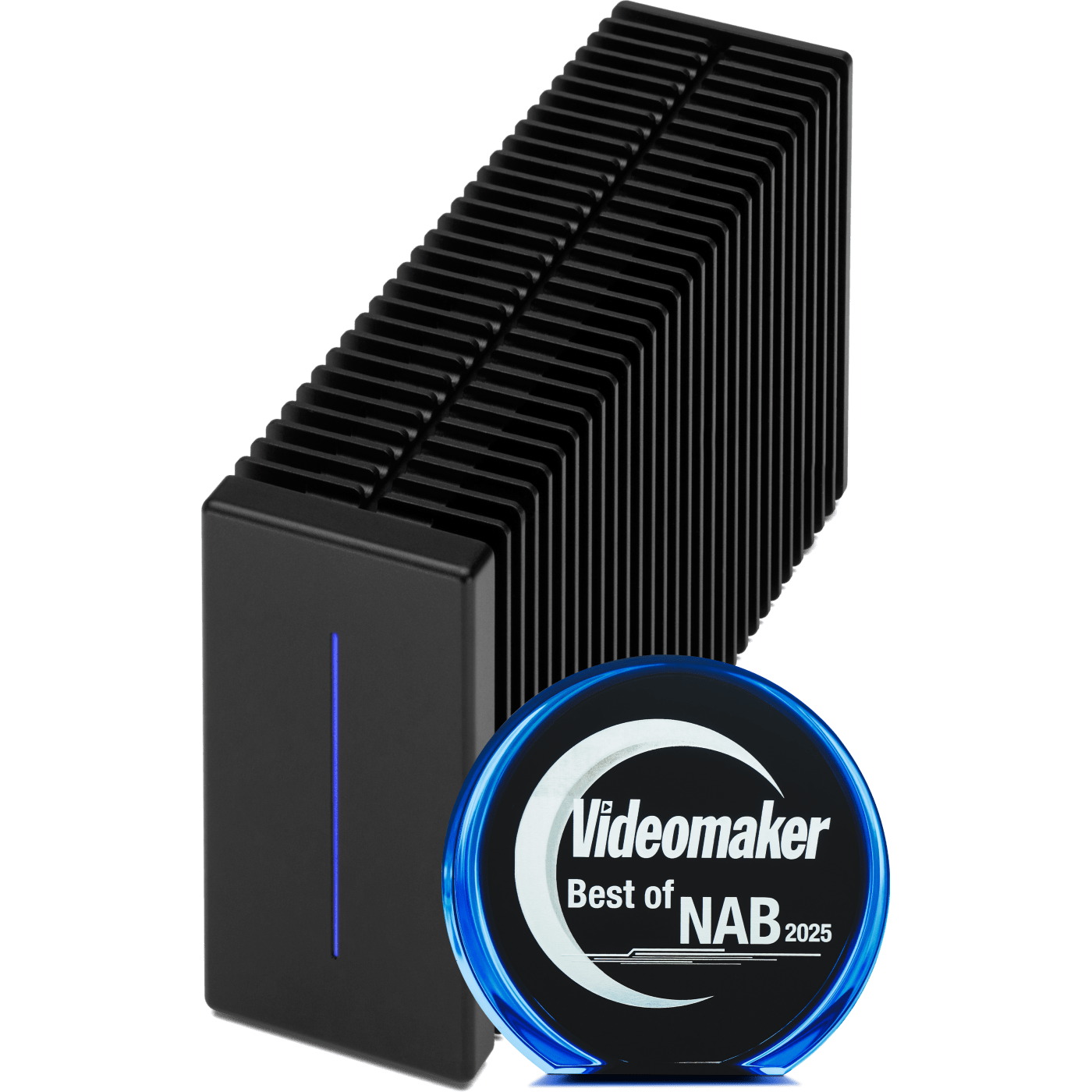 OWC ThunderBlade X12 3/4 view facing left with NAB Videomaker award