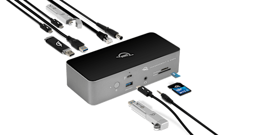 OWC Thunderbolt 5 Dock with cables, thumb drives, and memory cards