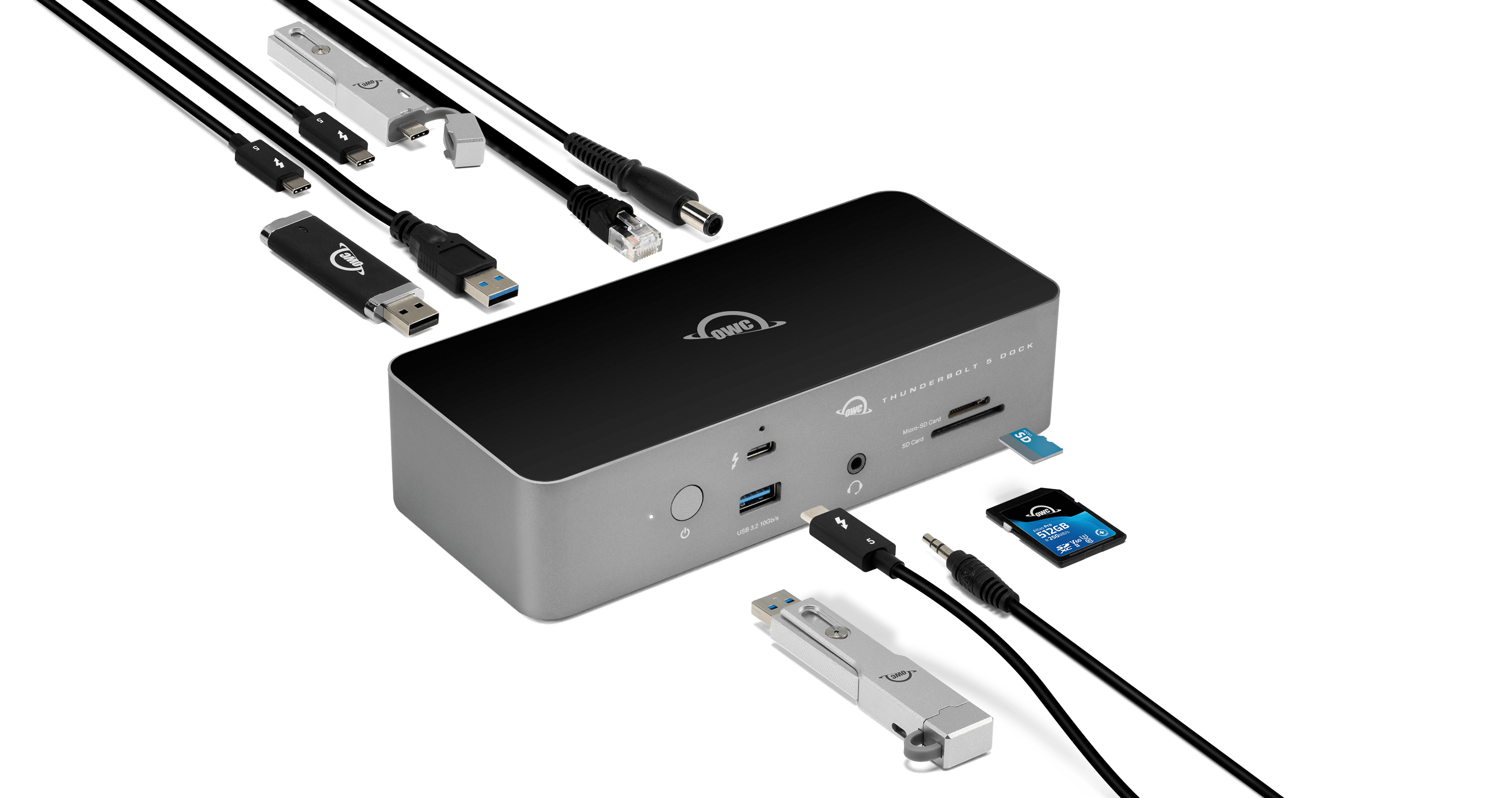 OWC Thunderbolt 5 Dock with cables, thumb drives, and memory cards