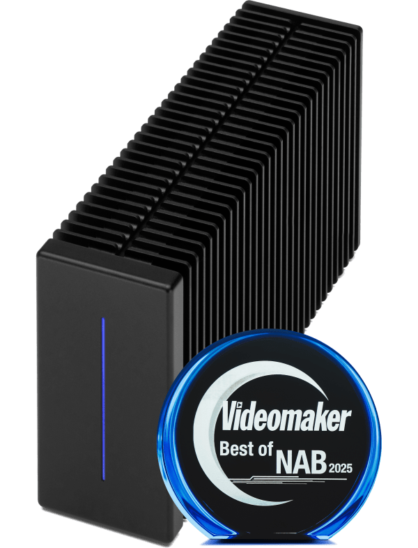 OWC ThunderBlade X12 3/4 view facing left with NAB Videomaker award