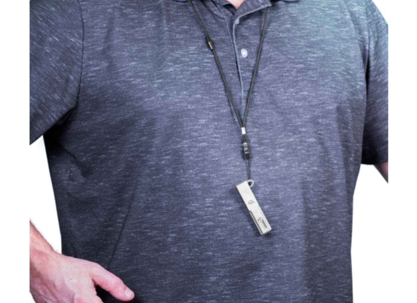 Envoy Pro mini on a lanyard being worn around the neck