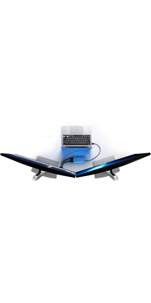 Top-down view of MacBook Pro with OWC USB-C Dual HDMI® 4K Display Adapter and two displays