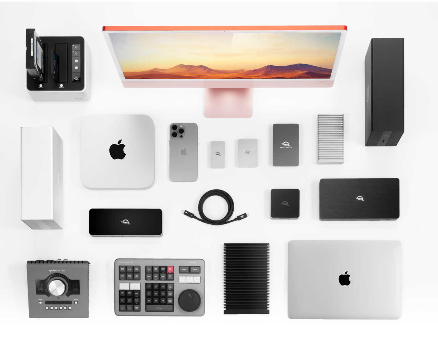 OWC Thunderbolt 5 Cable on desktop with other Thunderbolt devices