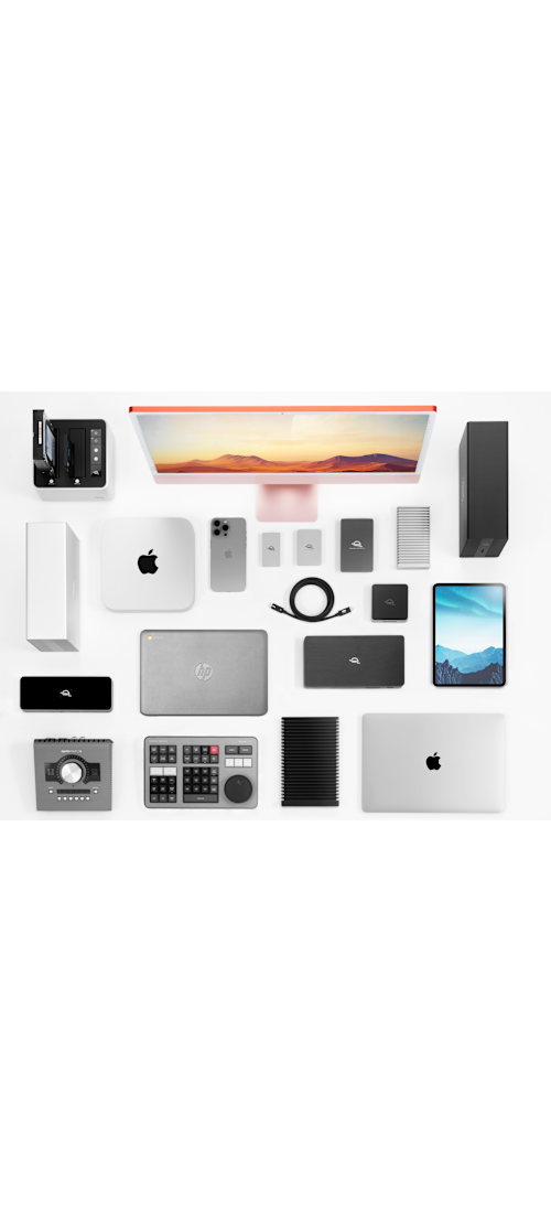 OWC Thunderbolt 5 Cable on desktop with other Thunderbolt devices