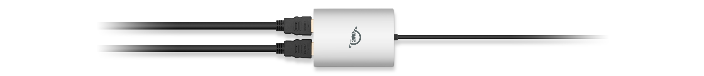 OWC USB-C Dual HDMI 4K Display Adapter plugged into two HDMI cables