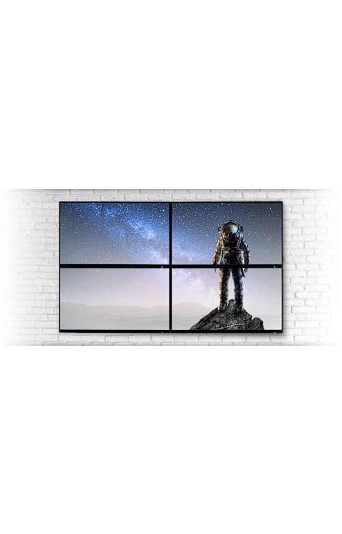 Four displays showing space scene