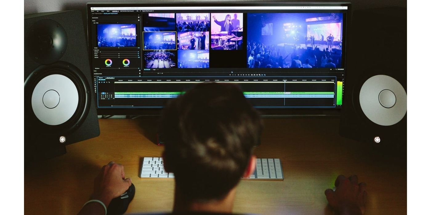 rear shot of man editing video