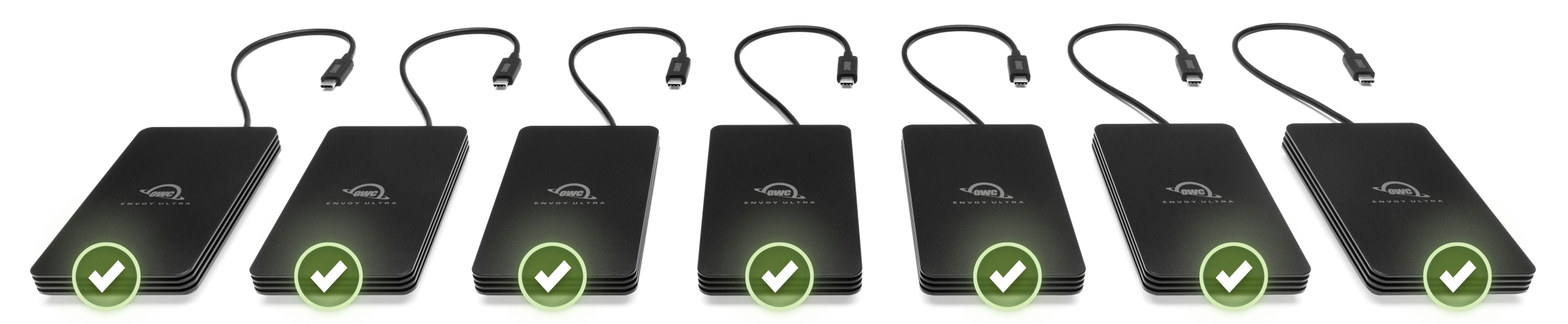 Assembly line of OWC Envoy Ultra with certified green checkmark