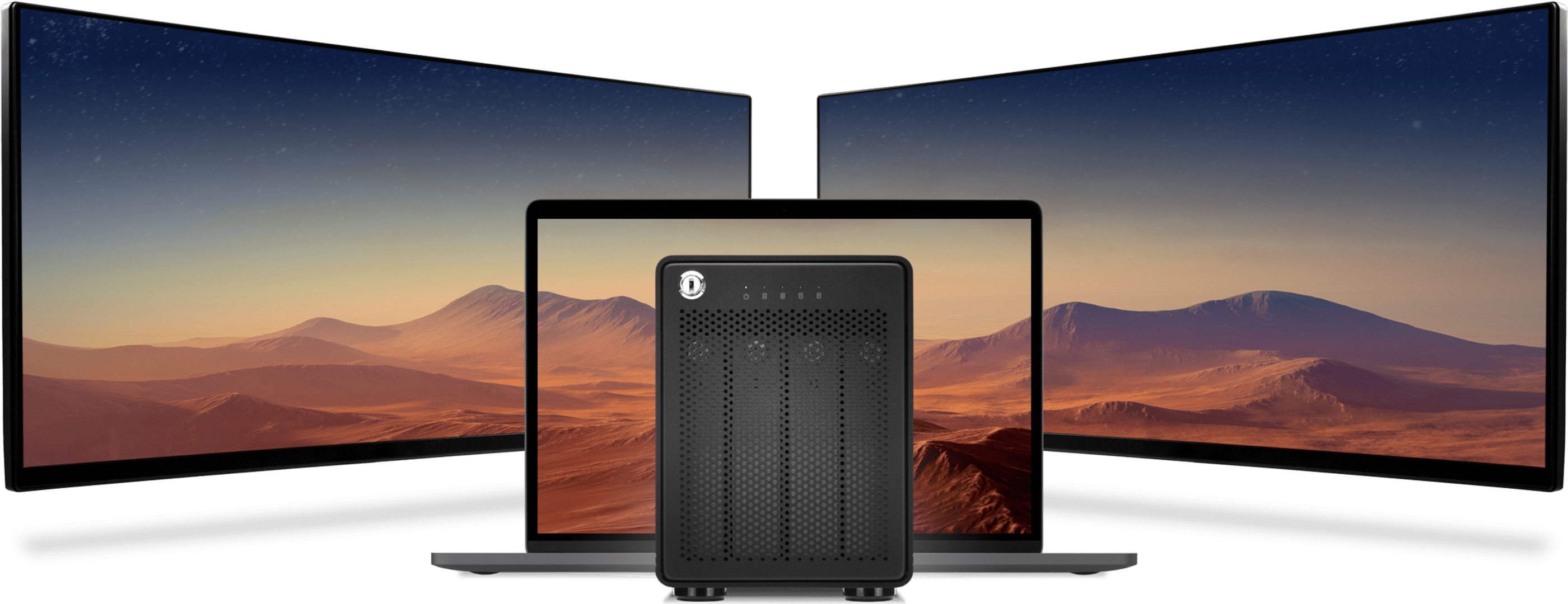 OWC ThunderBay 4 with MacBook Pro and two displays