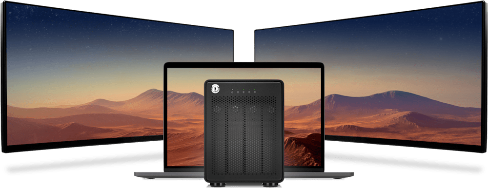 OWC ThunderBay 4 with MacBook Pro and two displays