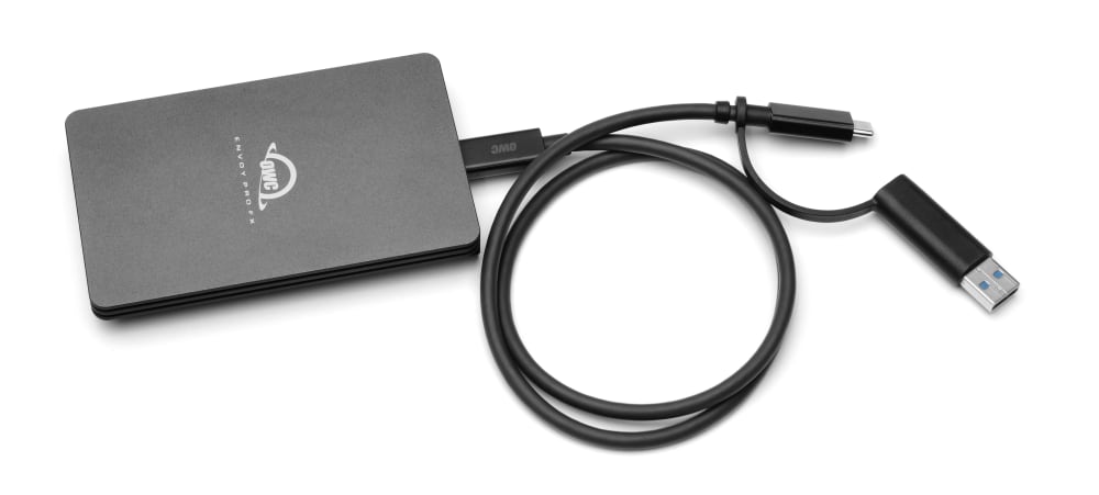 OWC Envoy Pro FX with tethered USB-C to USB-A adapter