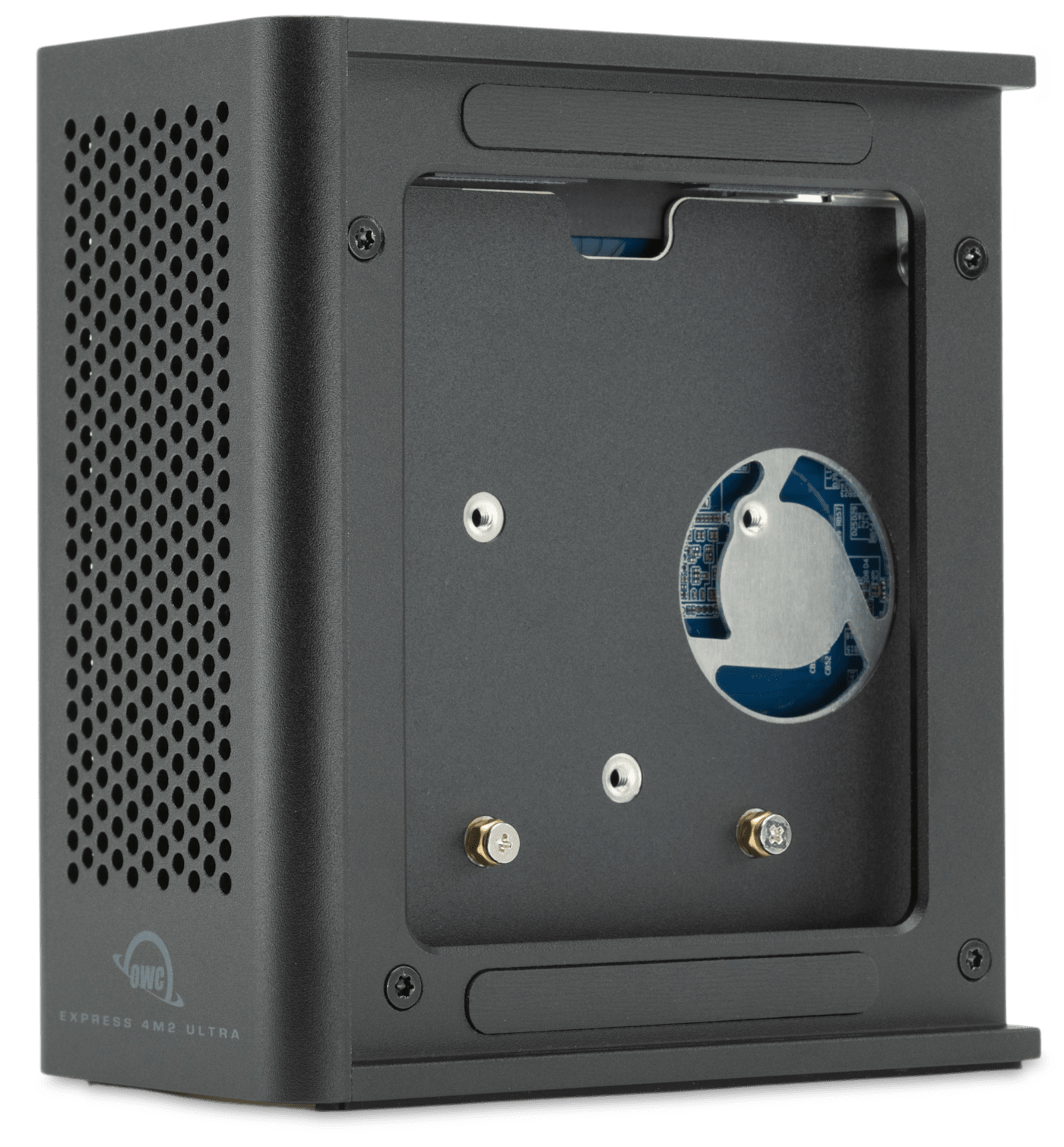 Side view of OWC Express 4M2 enclosure with no SSDs installed