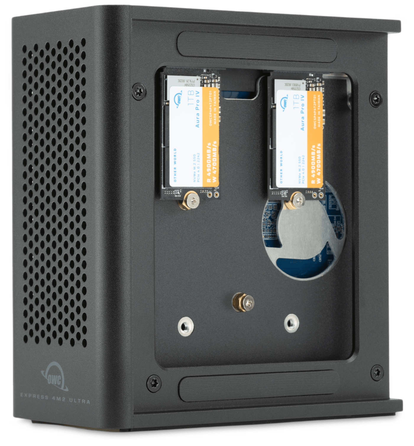 Side view of OWC Express 4M2 showing installed M.2 SSDs