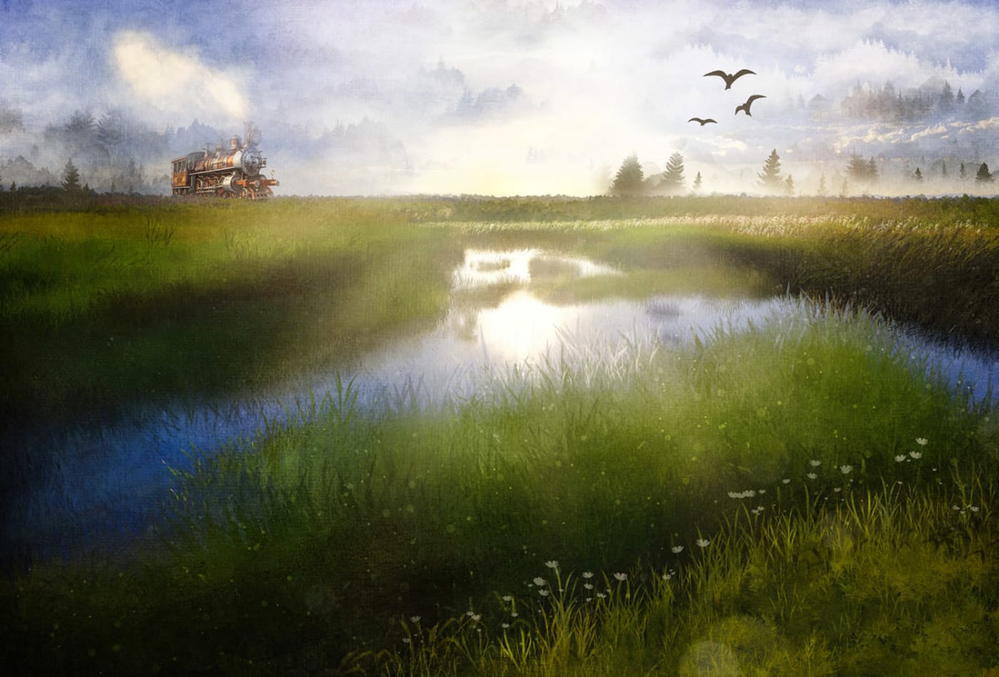 Artwork by Karen Hutton of a misty grass field with a steam train in the distance and birds flying above, reflected in a small pond under soft morning light.