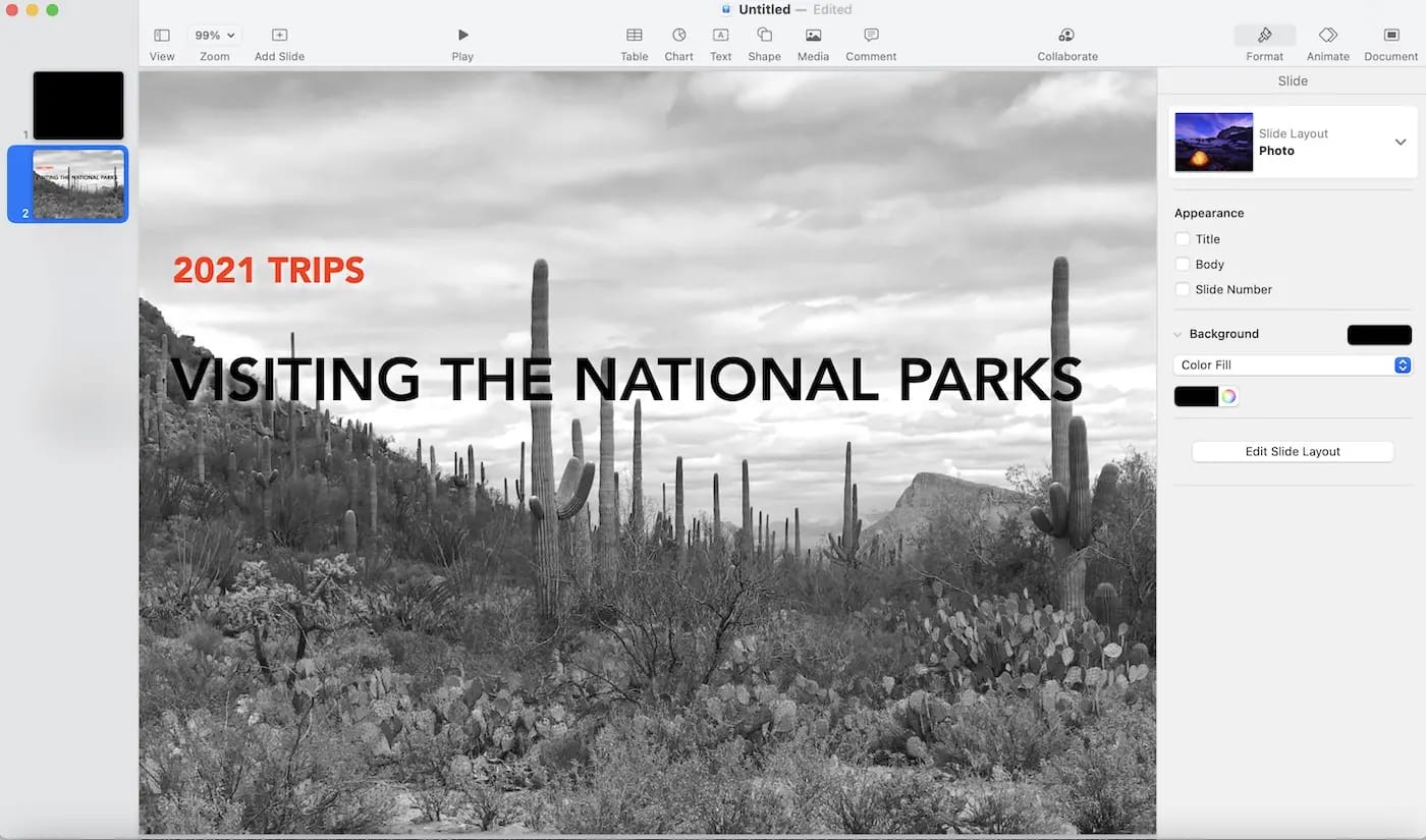 Keynote Adding text to photo slide