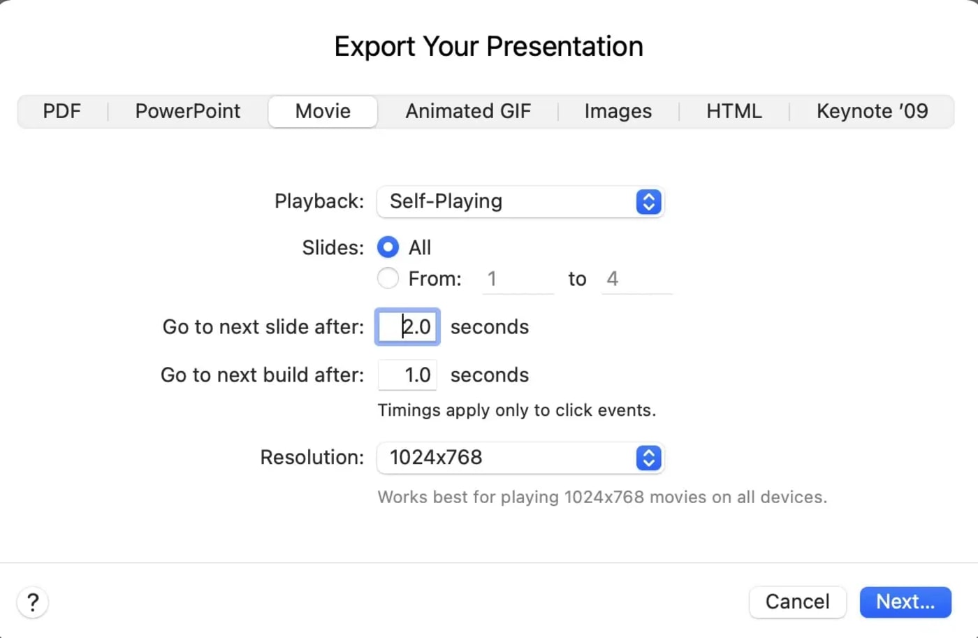 keynote export presentation as movie