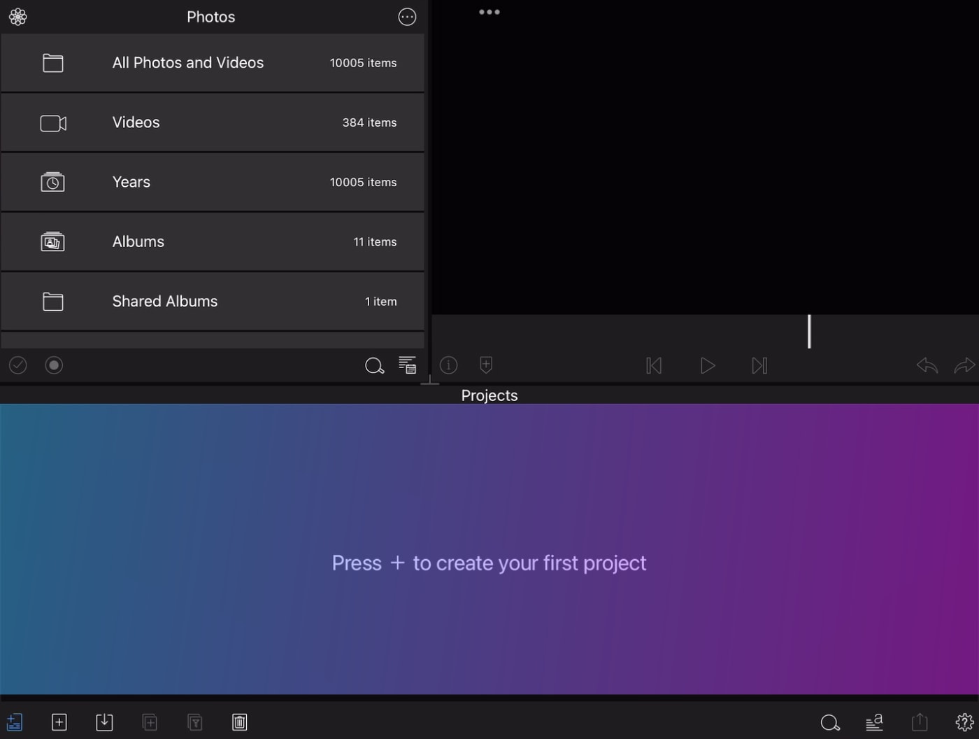 Press + to create your first project