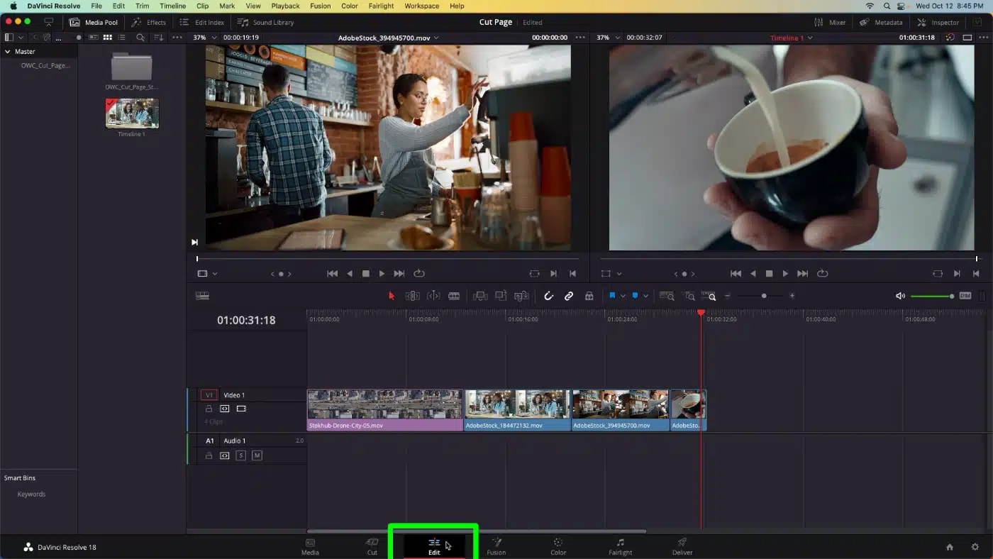 DaVinci Resolve cut page edit page