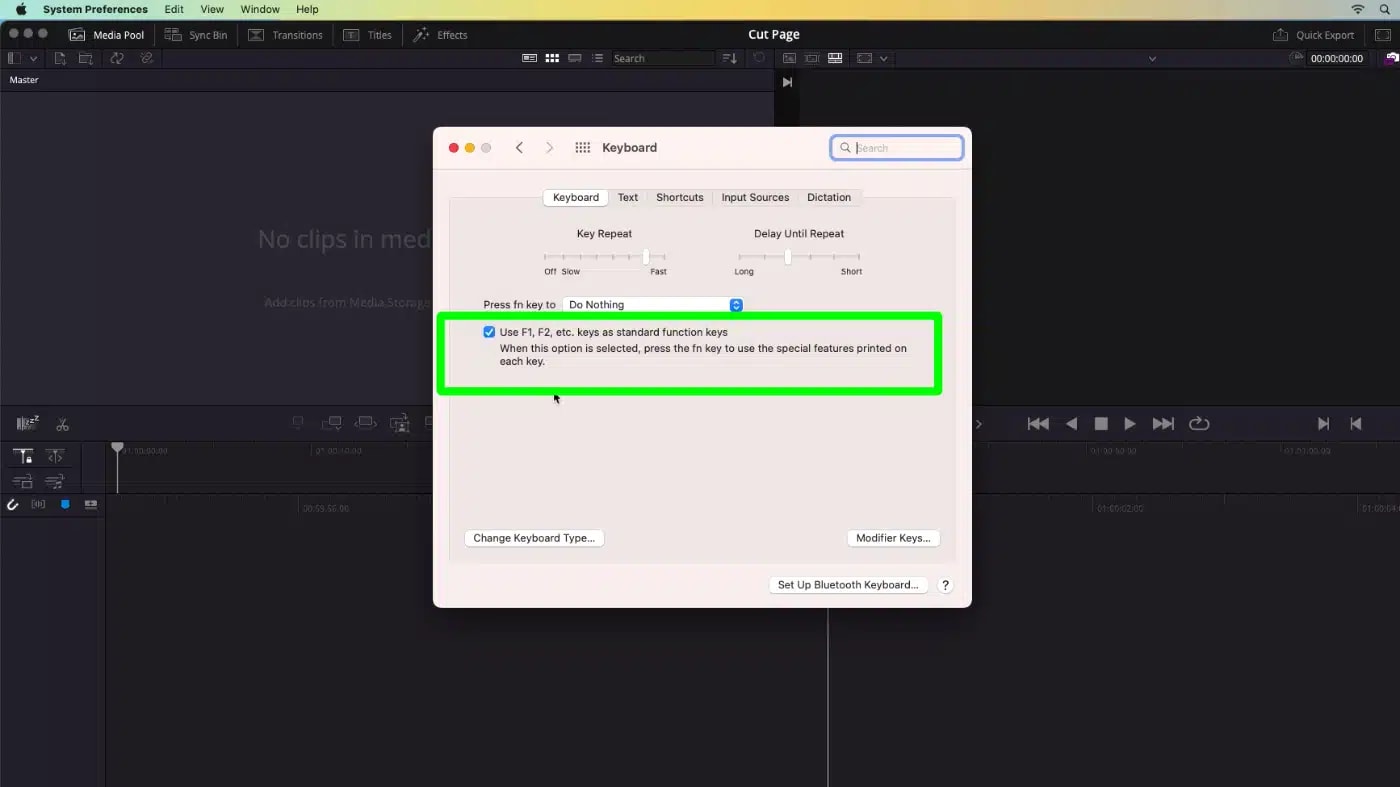 OWC Davinci Resolve cut page keyboard preferences