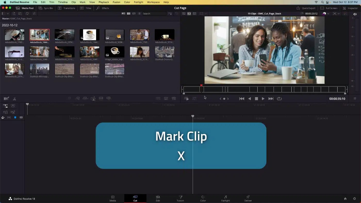 DaVinci Resolve cut page source mark clip X