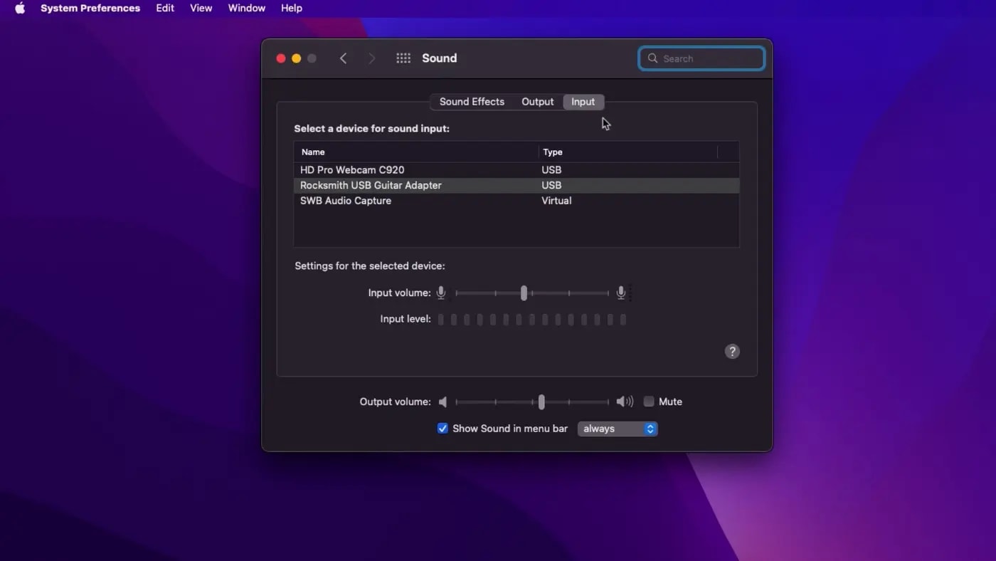 macOS System Preferences, Sound panel